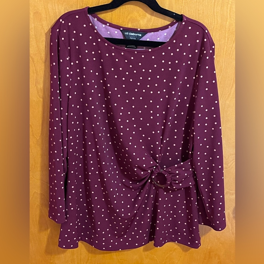 Liz Claiborne Career Petite EUC maroon and gold polka dot blouse Size PS